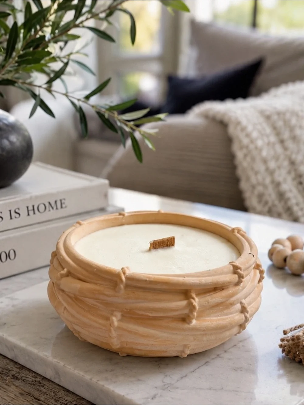 Cream Ceramic Bowl Candle with Wooden Wick - Home Accents
